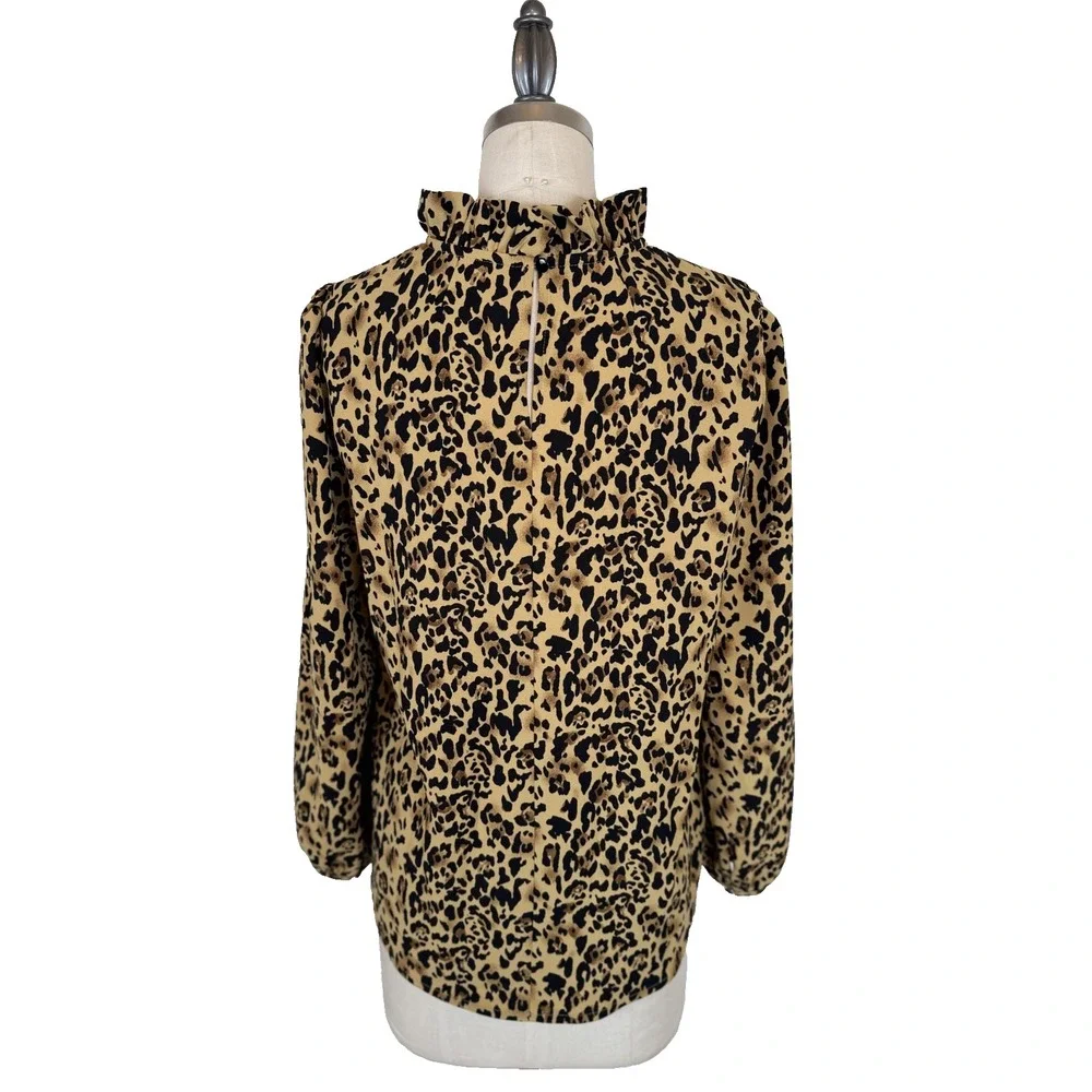 J.Crew Top Leopard Animal Print XS Long-Sleeve Ruffle-Neck Crepe Chic